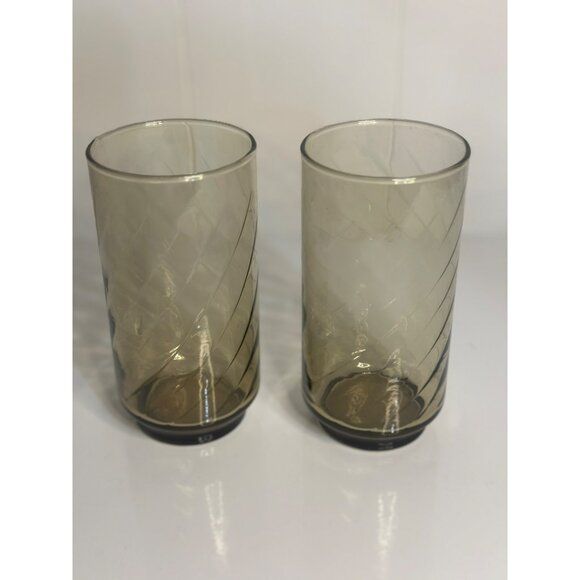 VTG Libbey Brown Swirl Tumbler Glasses 5.75" Set-of-2 Smoke-Brown Glasswear MCM - Picture 2 of 6